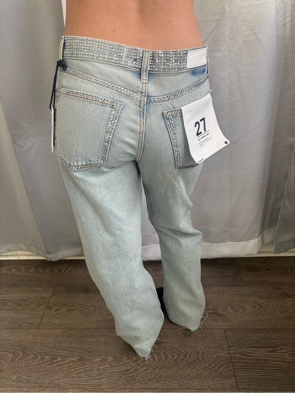 Re/Done Light Blue Rhinestone Trim Boyfriend Jeans